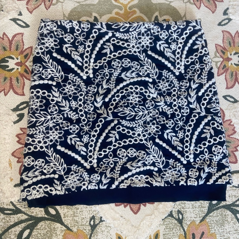 Navy Blue Mini Skirt with White Floral Embroidery